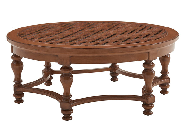 Lexington Tommy Bahama Outdoor 3935-947 Coastal Round Cocktail Table With Elegant Woven Design For Stylish Outdoor Entertaining Walnut Wood 3935-947