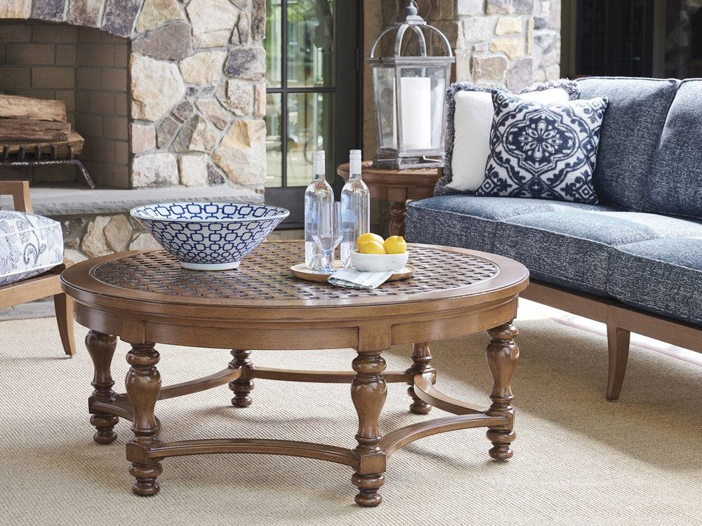 Lexington Tommy Bahama Outdoor 3935-947 Coastal Round Cocktail Table With Elegant Woven Design For Stylish Outdoor Entertaining Walnut Wood 3935-947