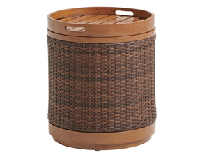 Lexington Tommy Bahama Outdoor 3935-950 Coastal Round Accent Table With Woven Wicker, Removable Tray, And Stylish Storage Solution Walnut Wood 3935-950