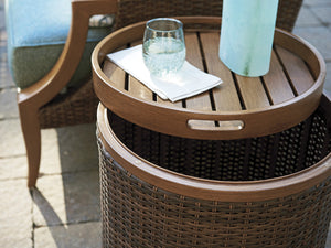 Lexington Tommy Bahama Outdoor 3935-950 Coastal Round Accent Table With Woven Wicker, Removable Tray, And Stylish Storage Solution Walnut Wood 3935-950