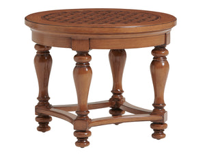 Lexington Tommy Bahama Outdoor 3935-955 Coastal Round End Table With Elegant Woven Top And Turned Legs For Stylish Outdoor Living Walnut Wood 3935-955