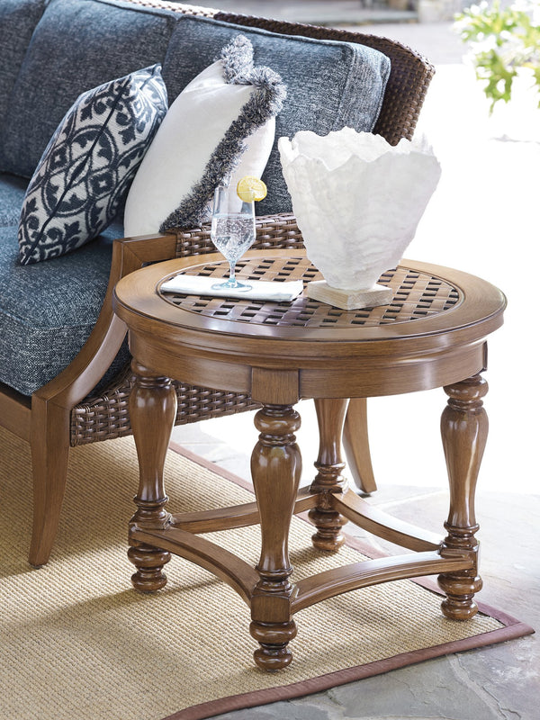 Lexington Tommy Bahama Outdoor 3935-955 Coastal Round End Table With Elegant Woven Top And Turned Legs For Stylish Outdoor Living Walnut Wood 3935-955