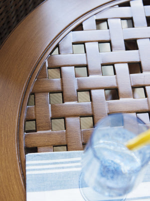 Lexington Tommy Bahama Outdoor 3935-955 Coastal Round End Table With Elegant Woven Top And Turned Legs For Stylish Outdoor Living Walnut Wood 3935-955