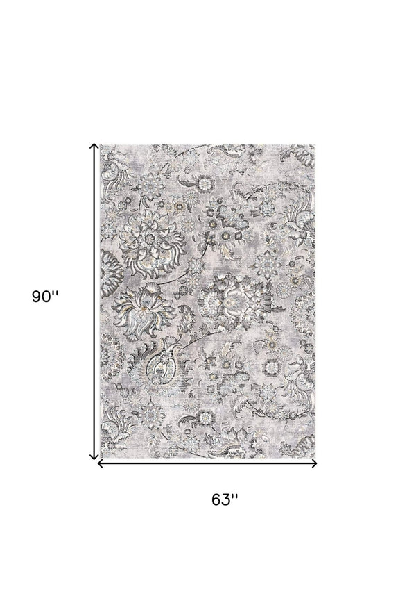 HomeRoots 4' Stylish Gray Jacobean Floral Area Rug - Modern Design with Distressed Finish for Elegant Spaces 5' X 7' 393609