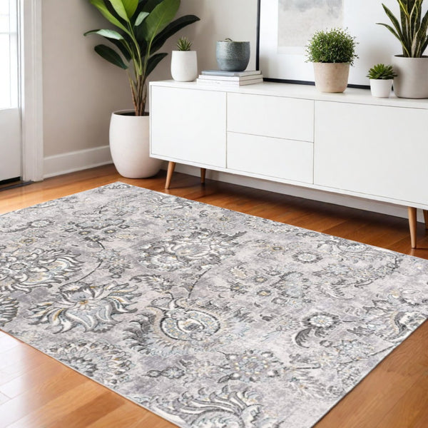 HomeRoots 4' Stylish Gray Jacobean Floral Area Rug - Modern Design with Distressed Finish for Elegant Spaces 5' X 7' 393609