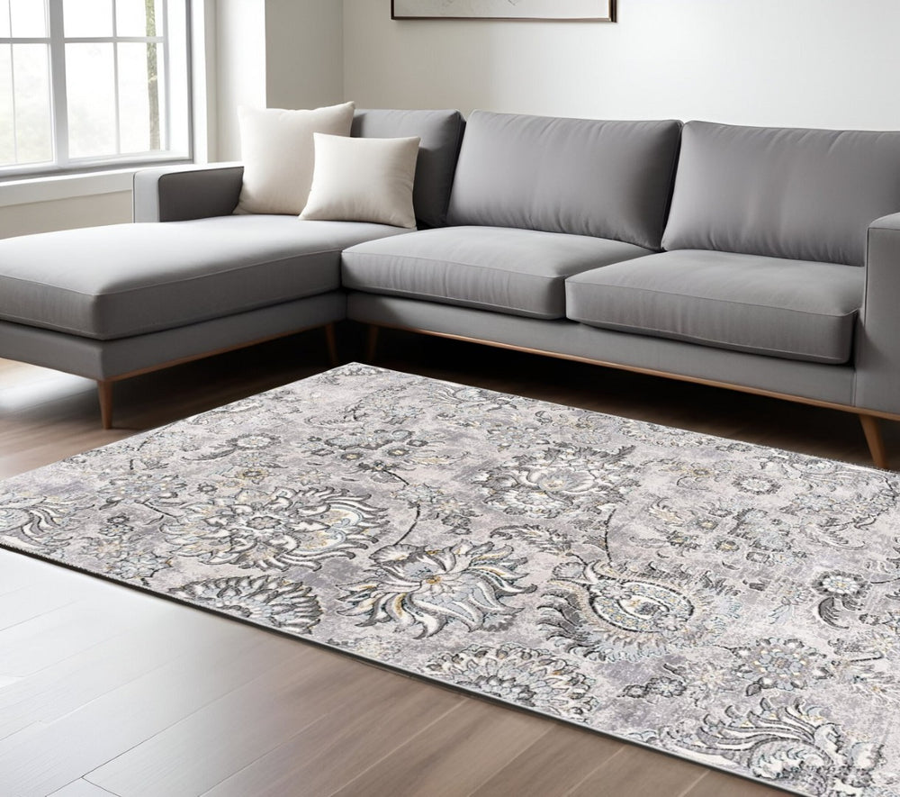 HomeRoots 4' Stylish Gray Jacobean Floral Area Rug - Modern Design with Distressed Finish for Elegant Spaces 9' x 12' 393612