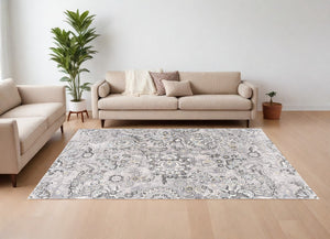 Homeroots 9' X 12' Gray And Ivory Floral Power Loom Area Rug  Polyester 393612