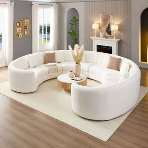 English Elm Mid-Century Bouclé Circle Sectional Sofa — Modular 3-4 Piece High-Back Beige Vintage-Inspired Lounge W3208S00011