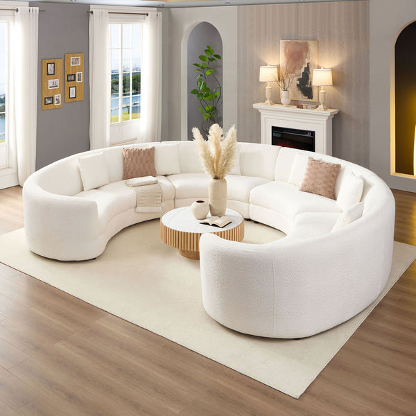 English Elm Mid-Century Bouclé Circle Sectional Sofa — Modular 3-4 Piece High-Back Beige Vintage-Inspired Lounge W3208S00011