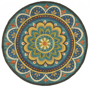 Homeroots 4' Blue And Orange Round Wool Floral Medallion Hand Tufted Area Rug  Wool 393633