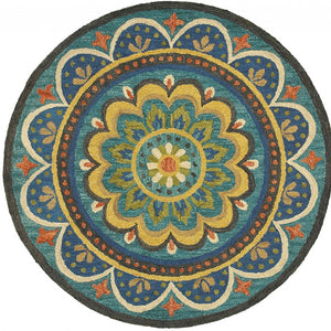 Homeroots 4' Blue And Orange Round Wool Floral Medallion Hand Tufted Area Rug  Wool 393633