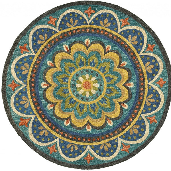 Homeroots 4' Blue And Orange Round Wool Floral Medallion Hand Tufted Area Rug  Wool 393633