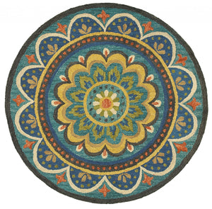 Homeroots 4' Blue And Orange Round Wool Floral Medallion Hand Tufted Area Rug  Wool 393633