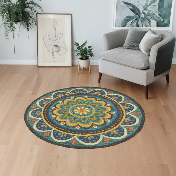 Homeroots 4' Blue And Orange Round Wool Floral Medallion Hand Tufted Area Rug  Wool 393633