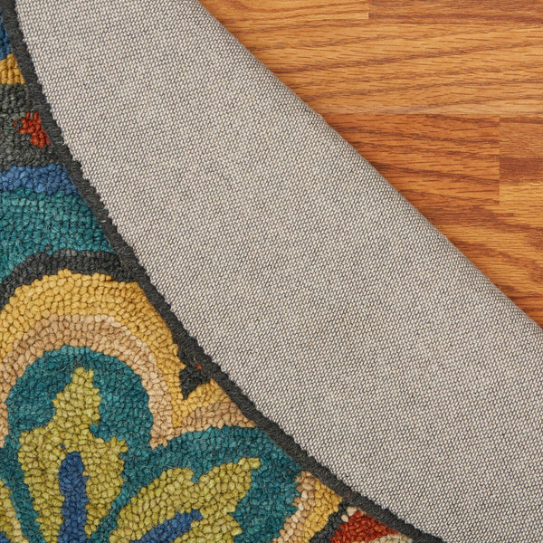 Homeroots 4' Blue And Orange Round Wool Floral Medallion Hand Tufted Area Rug  Wool 393633