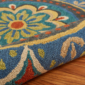 Homeroots 4' Blue And Orange Round Wool Floral Medallion Hand Tufted Area Rug  Wool 393633