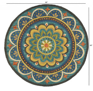 Homeroots 4' Blue And Orange Round Wool Floral Medallion Hand Tufted Area Rug  Wool 393633