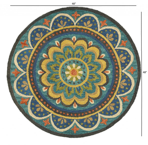 Homeroots 4' Blue And Orange Round Wool Floral Medallion Hand Tufted Area Rug  Wool 393633