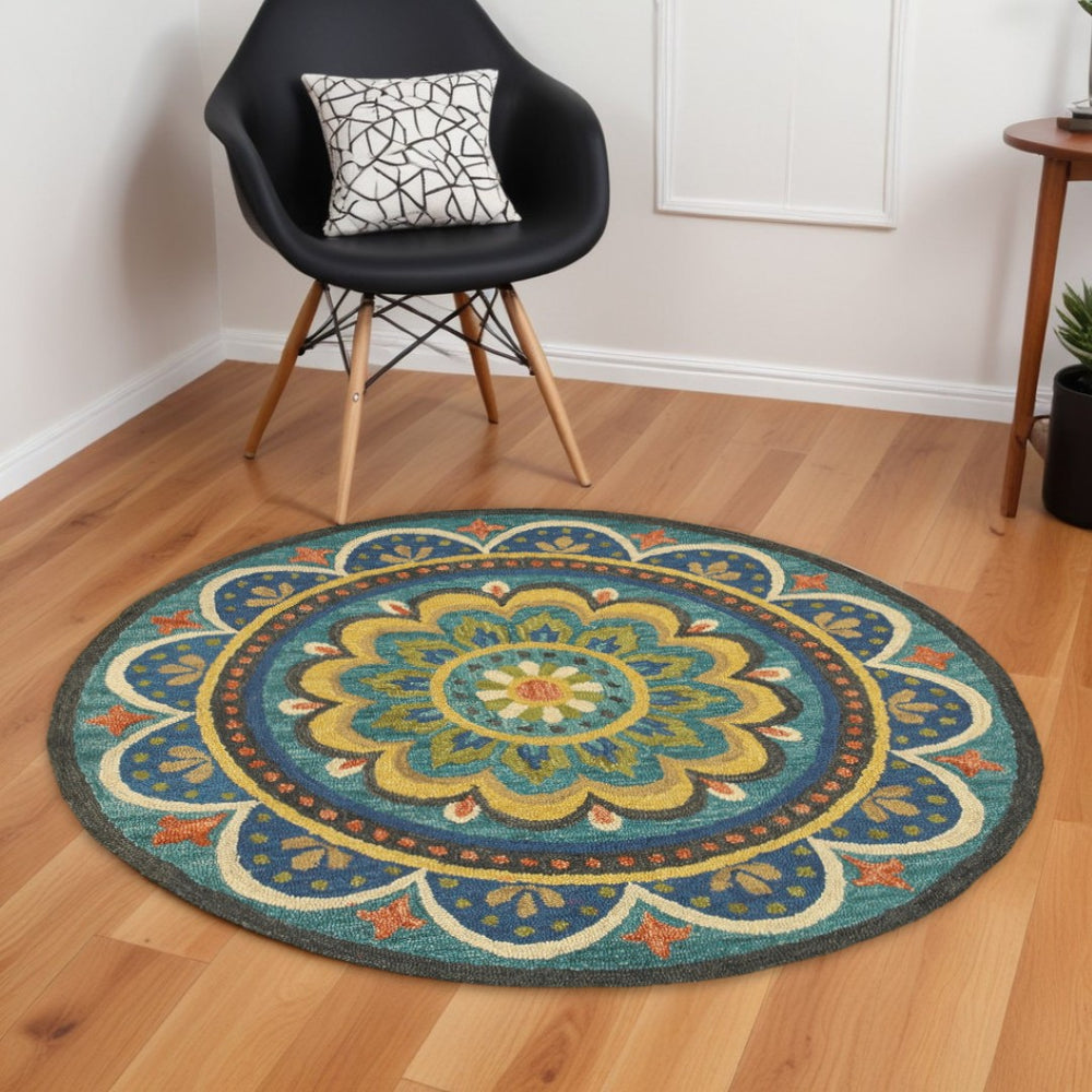 HomeRoots 6' Blue Wool Geometric Hand-Tufted Area Rug - Plush Comfort, Modern Style, and Durable Design for Every Room 6' Round 393634