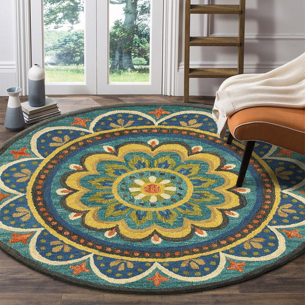 Homeroots 6' Blue Round Wool Geometric Hand Tufted Area Rug  Wool 393634