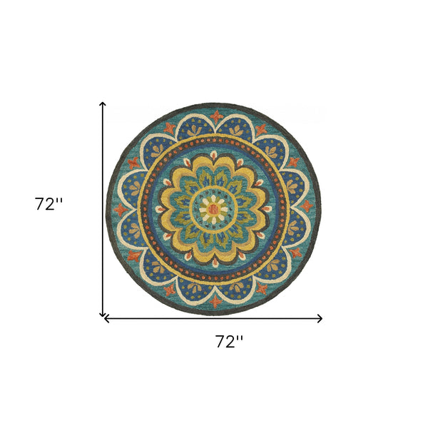 Homeroots 6' Blue Round Wool Geometric Hand Tufted Area Rug  Wool 393634