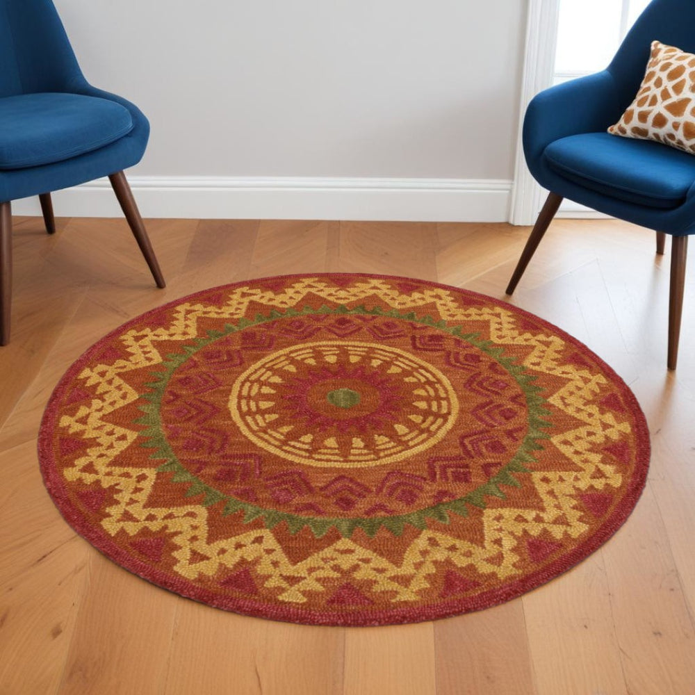 HomeRoots 6' Vibrant Southwestern Decorative Area Rug - Hand-Tufted Wool with Rich Earth Tones for Comfort 6' Round 393644