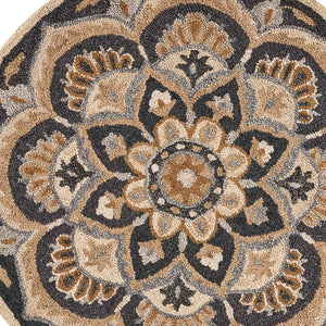 HomeRoots 6' Elegant Black and Tan Floral Medallion Hand-Tufted Wool Area Rug for Timeless Décor Enhancement 6' Round 393648