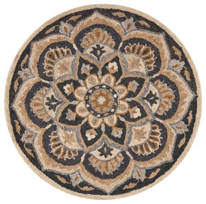 HomeRoots 6' Elegant Black and Tan Floral Medallion Hand-Tufted Wool Area Rug for Timeless Décor Enhancement 6' Round 393648