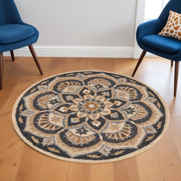 HomeRoots 6' Elegant Black and Tan Floral Medallion Hand-Tufted Wool Area Rug for Timeless Décor Enhancement 6' Round 393648