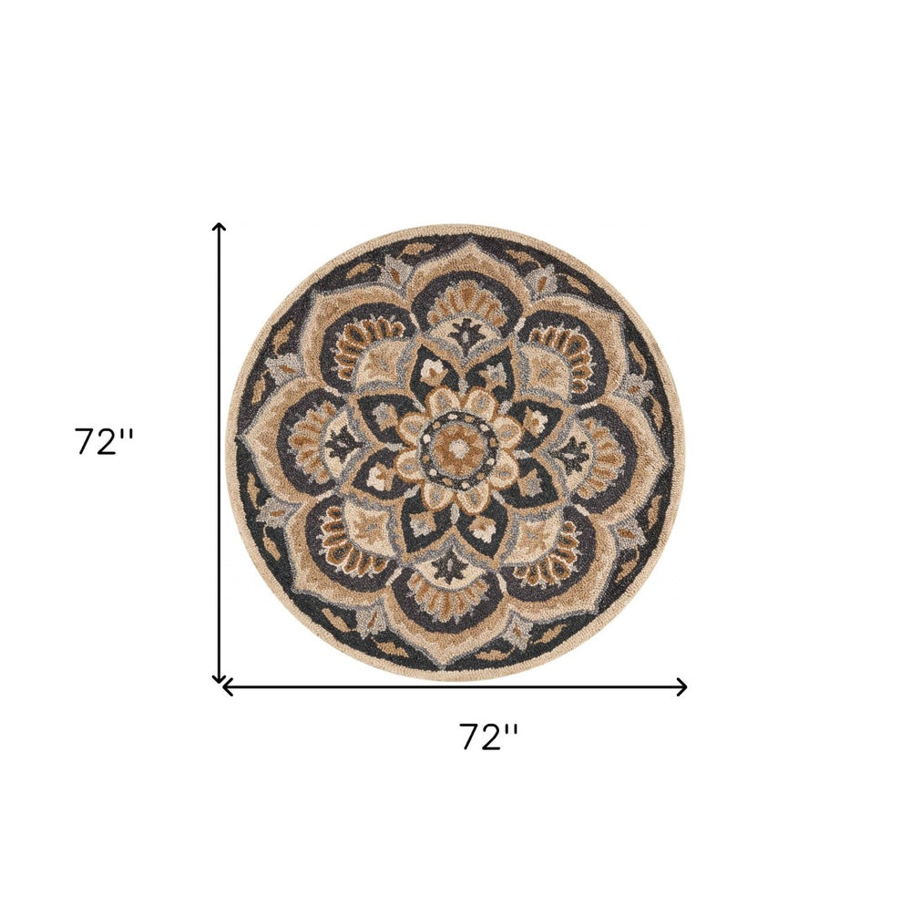 HomeRoots 6' Elegant Black and Tan Floral Medallion Hand-Tufted Wool Area Rug for Timeless Décor Enhancement 6' Round 393648