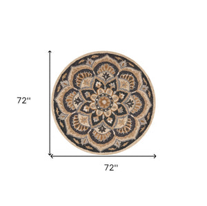 HomeRoots 6' Elegant Black and Tan Floral Medallion Hand-Tufted Wool Area Rug for Timeless Décor Enhancement 6' Round 393648