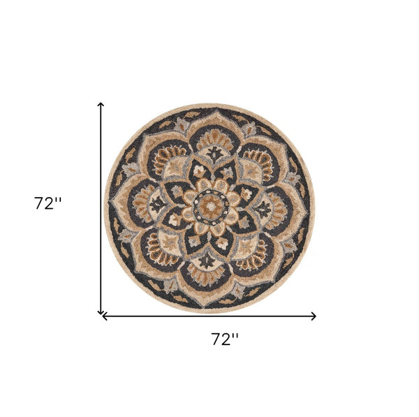 HomeRoots 6' Elegant Black and Tan Floral Medallion Hand-Tufted Wool Area Rug for Timeless Décor Enhancement 6' Round 393648