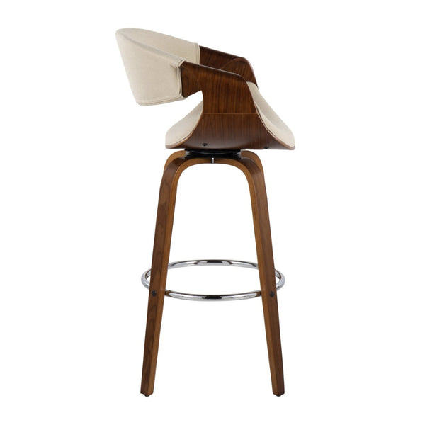English Elm 30" Mid-century Swivel Barstool Walnut Bentwood Frame Woven Upholstered Seat Set of 2 Cream B202S00520