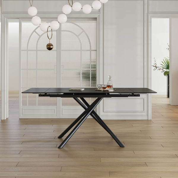 English Elm Retractable Sintered Stone Dining Table with Carbon Steel Legs, 83" Rectangular Modern Design, Durable and Easy-Clean Black W509P340584