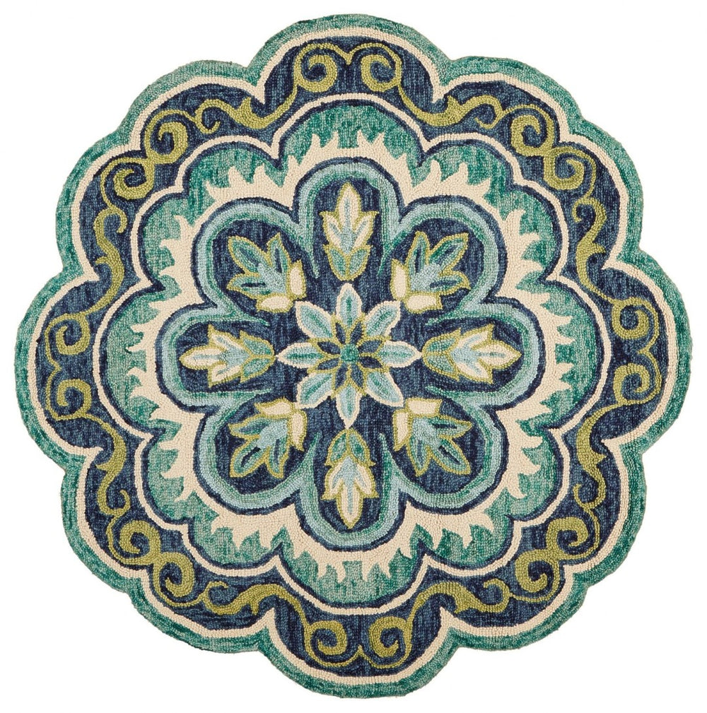 HomeRoots 6' Green and Ivory Wool Geometric Hand-Tufted Rug - Artisan Craftsmanship for Modern Comfort Spaces 6' Round 393656