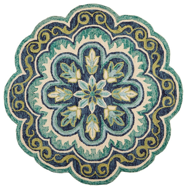 HomeRoots 6' Green and Ivory Wool Geometric Hand-Tufted Rug - Artisan Craftsmanship for Modern Comfort Spaces 6' Round 393656