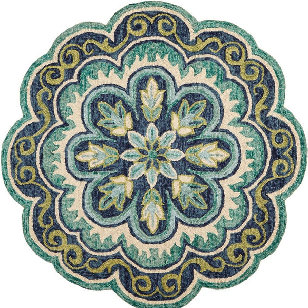 HomeRoots 6' Green and Ivory Wool Geometric Hand-Tufted Rug - Artisan Craftsmanship for Modern Comfort Spaces 6' Round 393656