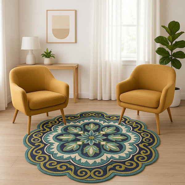 HomeRoots 6' Green and Ivory Wool Geometric Hand-Tufted Rug - Artisan Craftsmanship for Modern Comfort Spaces 6' Round 393656
