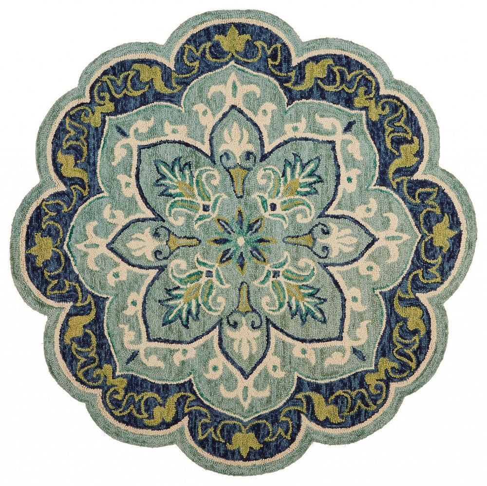 HomeRoots 6' Wool Geometric Hand-Tufted Rug in Soothing Blue and Green – Stylish Comfort for Any Room 6' Round 393658