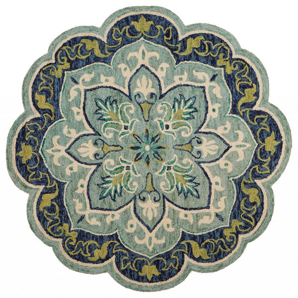 HomeRoots 6' Wool Geometric Hand-Tufted Rug in Soothing Blue and Green – Stylish Comfort for Any Room 6' Round 393658