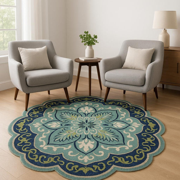 HomeRoots 6' Wool Geometric Hand-Tufted Rug in Soothing Blue and Green – Stylish Comfort for Any Room 6' Round 393658