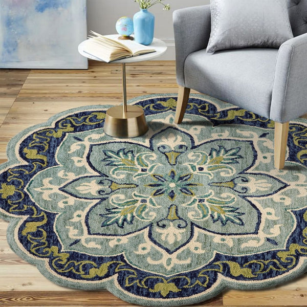 HomeRoots 6' Wool Geometric Hand-Tufted Rug in Soothing Blue and Green – Stylish Comfort for Any Room 6' Round 393658