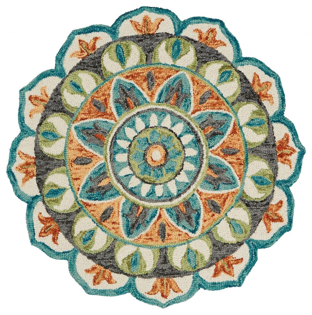 HomeRoots 6' Blue and Green Wool Geometric Hand-Tufted Rug - Modern Design for Comfortable Living Spaces 6' Round 393664