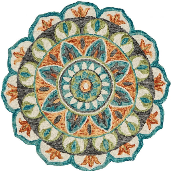 HomeRoots 6' Blue and Green Wool Geometric Hand-Tufted Rug - Modern Design for Comfortable Living Spaces 6' Round 393664