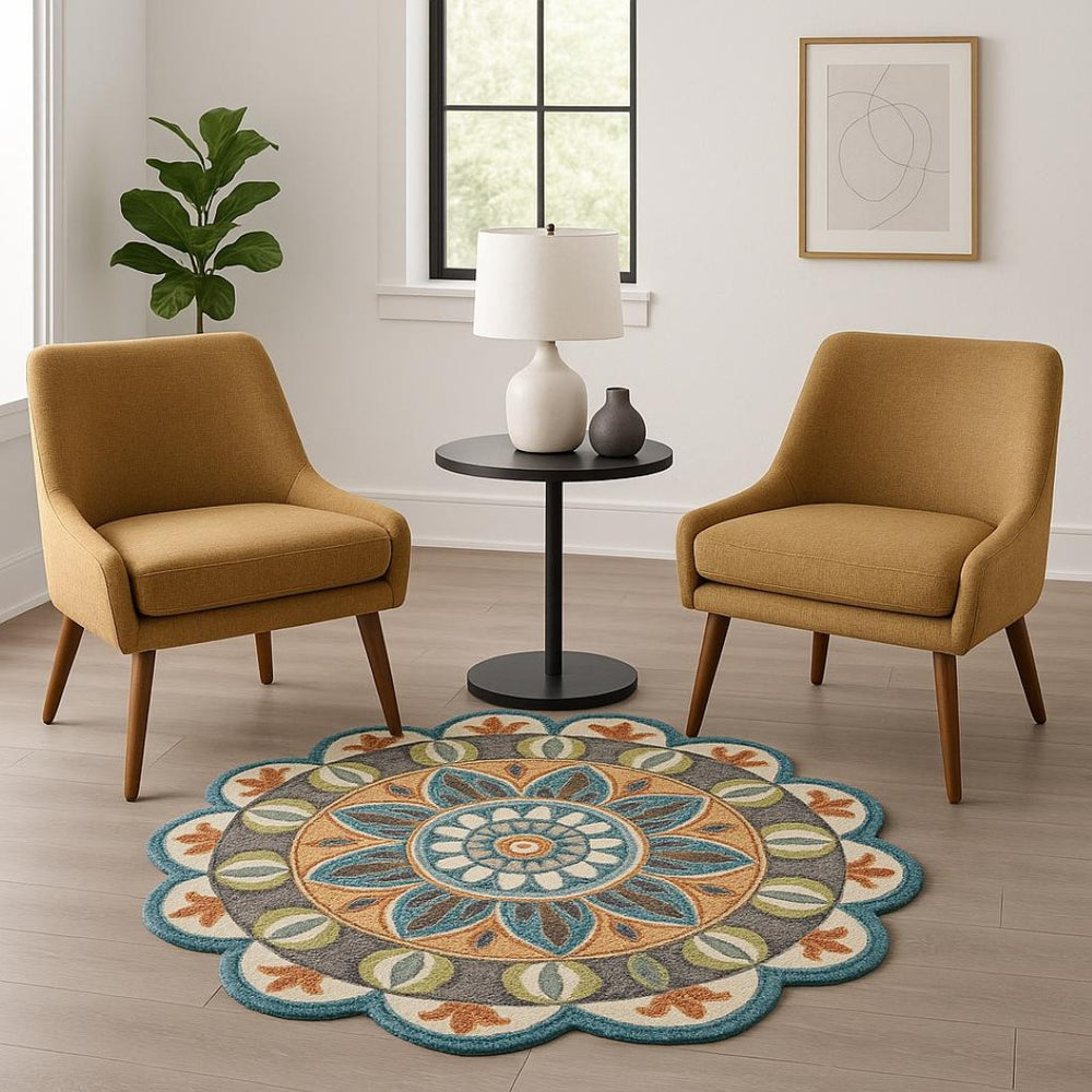 HomeRoots 6' Blue and Green Wool Geometric Hand-Tufted Rug - Modern Design for Comfortable Living Spaces 6' Round 393664