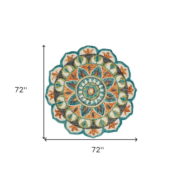 HomeRoots 6' Blue and Green Wool Geometric Hand-Tufted Rug - Modern Design for Comfortable Living Spaces 6' Round 393664