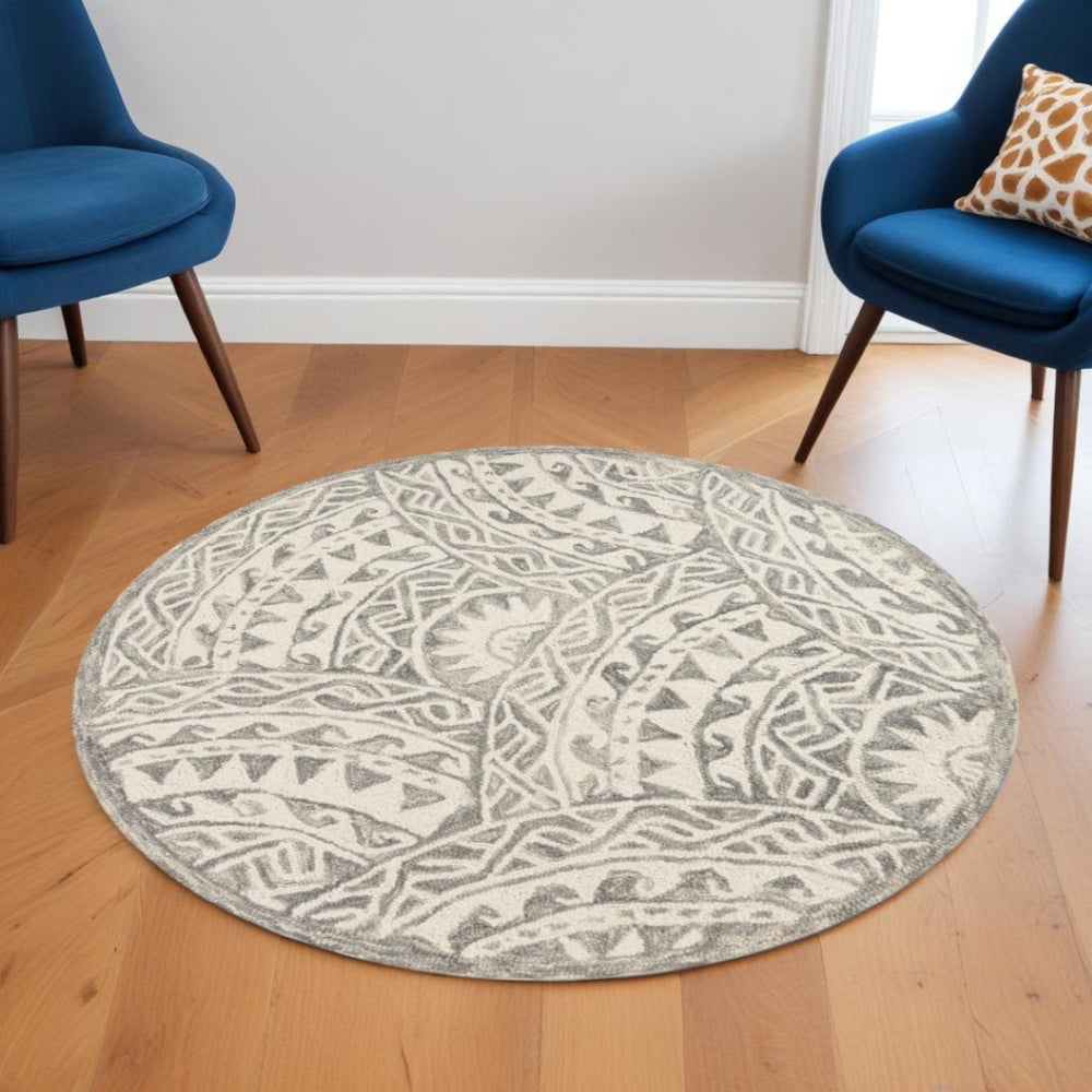 HomeRoots 6' Gray Wool Area Rug - Hand-Tufted Geometric Design for Modern Spaces, Soft & Durable Texture 6' Round 393666