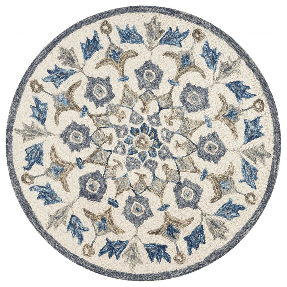 HomeRoots 6' Blue Iris Floral Area Rug - Hand-Tufted 100% Virgin Wool for Comfortable Living Spaces & Style 6' Round 393672