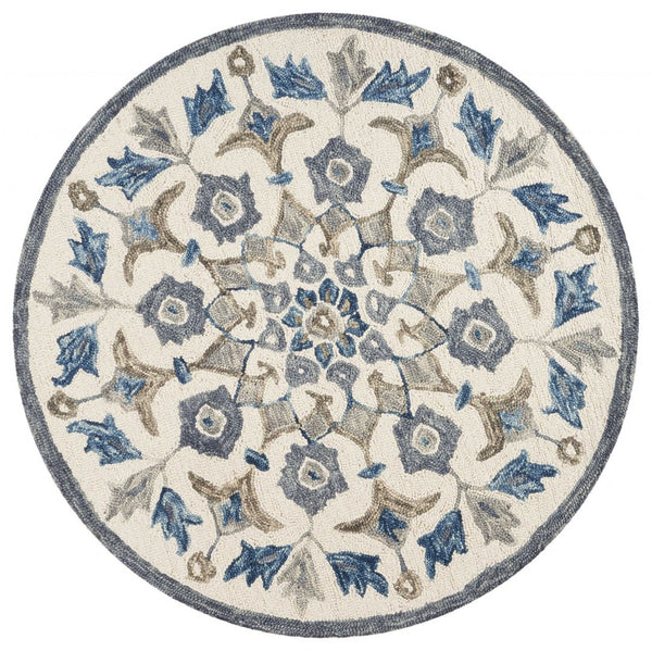 HomeRoots 6' Blue Iris Floral Area Rug - Hand-Tufted 100% Virgin Wool for Comfortable Living Spaces & Style 6' Round 393672