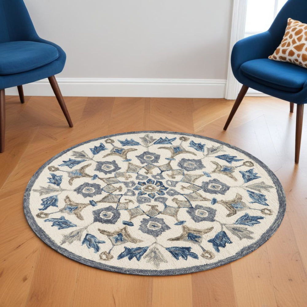 HomeRoots 6' Blue Iris Floral Area Rug - Hand-Tufted 100% Virgin Wool for Comfortable Living Spaces & Style 6' Round 393672
